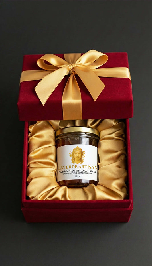 Raw Sicilian Honey 200g in a red premium gift box with gold ribbon — Laverde Artisan pure unfiltered Sicilian honey presented as a luxury Christmas and festive royal-style gift.