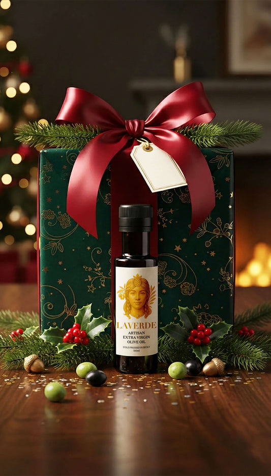 Mini Extra Virgin Olive Oil 100ml gift presentation — Laverde Artisan Sicilian cold-pressed EVOO wrapped with festive ribbon, premium Christmas gourmet gift set.