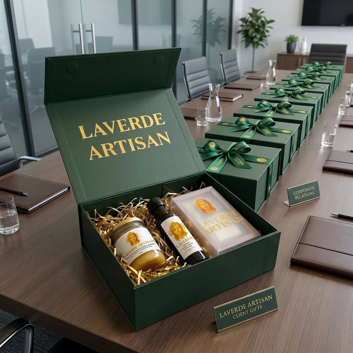 LAVERDE Welcome Pack gift box styled view — Sicilian olive oil, raw multifloral honey and Colombian specialty coffee, premium artisan gift set with UK delivery