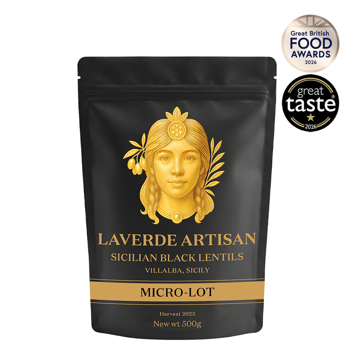 LAVERDE ARTISAN Sicilian black lentils from Villalba 500g pouch with Great British Food Awards Bronze and Great Taste badges