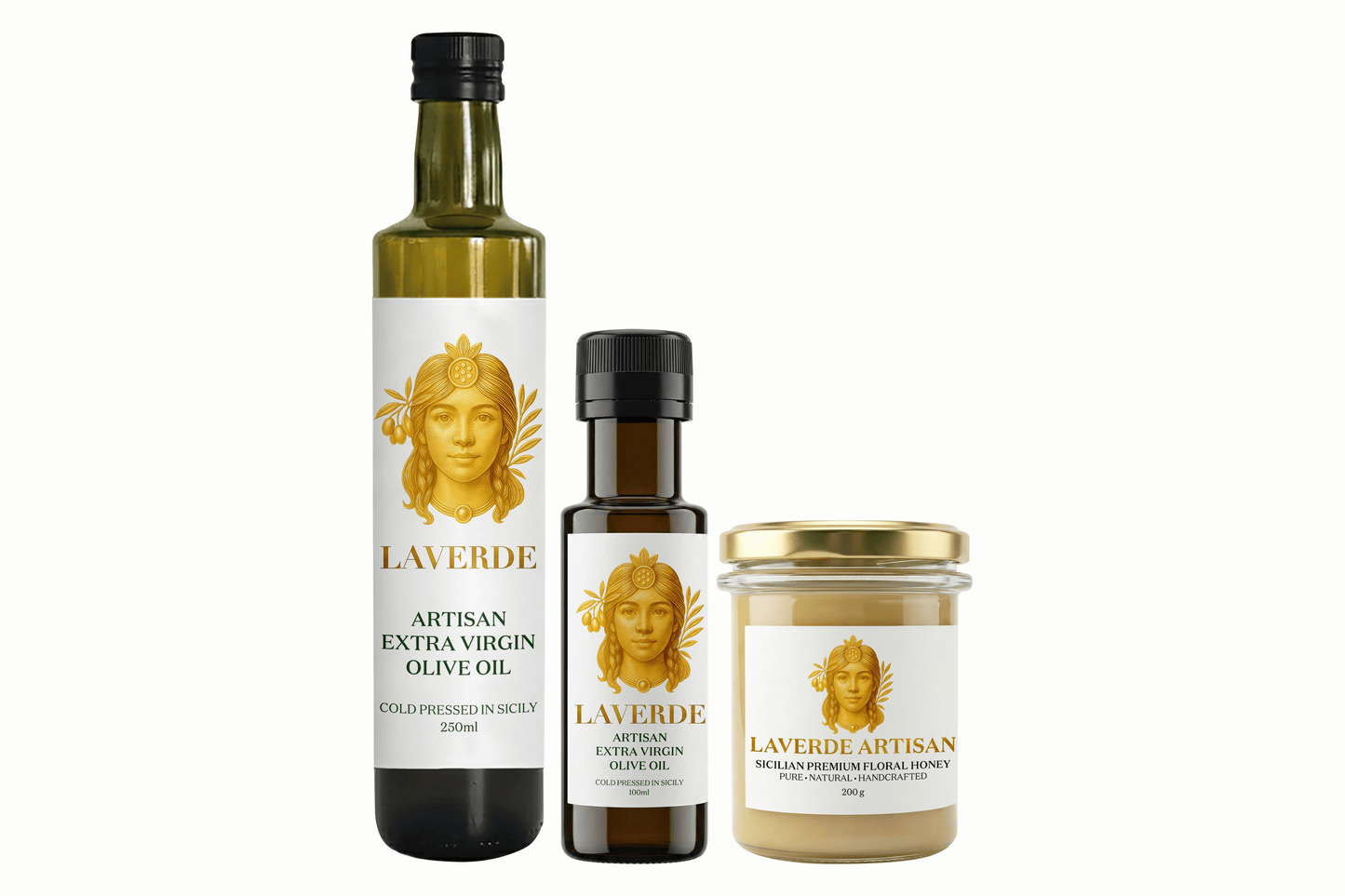 LAVERDE Trio Balanced — 100ml and 250ml Sicilian extra virgin olive oil bottles with 200g raw Sicilian floral honey, balanced premium bundle for variety and gifting