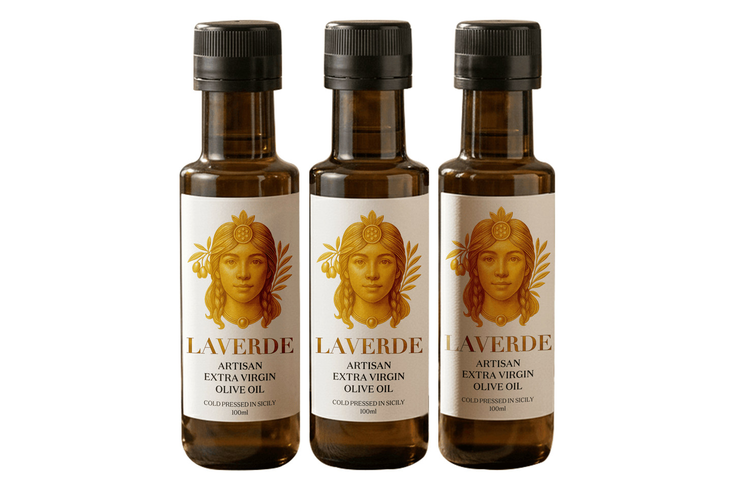 LAVERDE Trio Discovery — three 100ml Sicilian extra virgin olive oil bottles, premium Biancolilla cold-pressed EVOO tasting set for discovery, gifting and table use