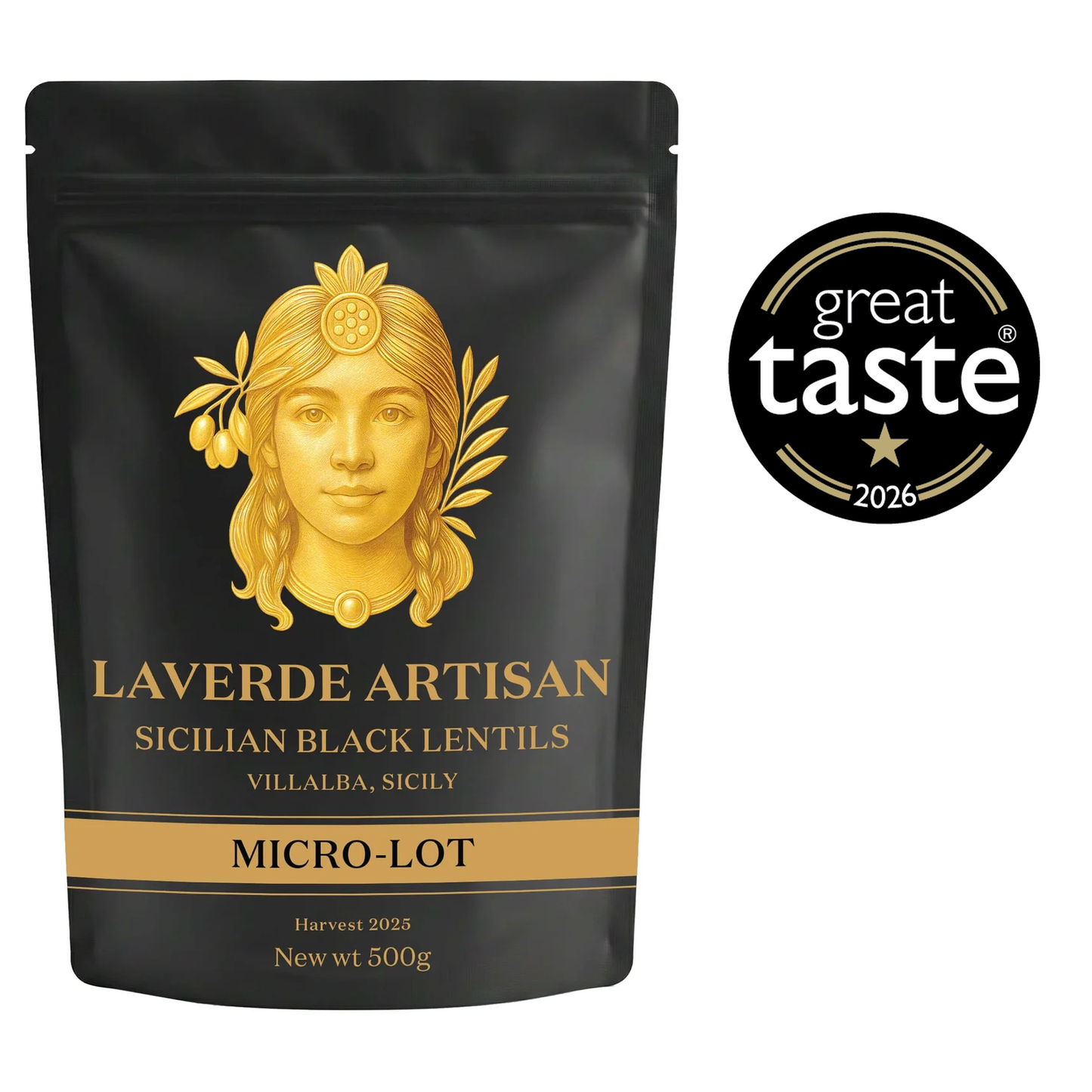 Laverde Artisan Black Lentils 500g from Villalba, Sicily, showing the Great Taste 2026 one-star award badge
