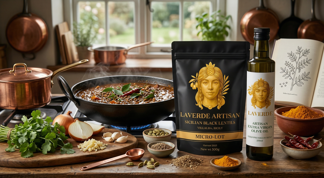 Sicilian black lentil curry in a rustic bowl with traditional spices — UK home cook's recipe guide for the perfect Sicilian-spiced lentil curry