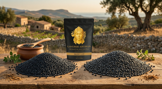 Single-estate Sicilian Villalba black lentils alongside generic supermarket black lentils — UK 2026 buyer's comparison of whether heritage origin is worth it