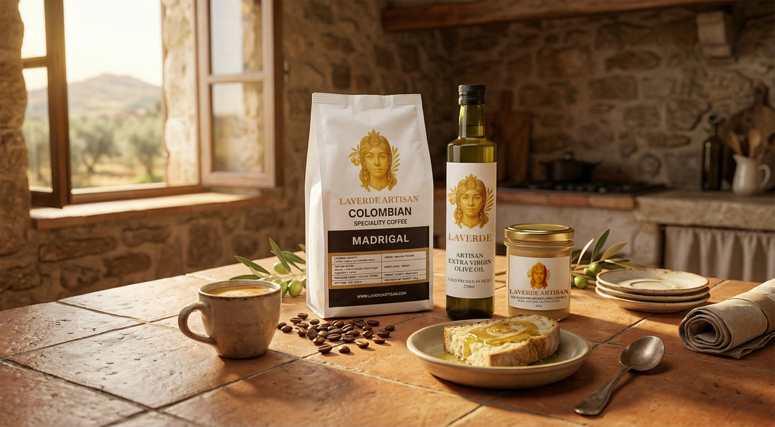 Premium specialty coffee alongside Sicilian extra virgin olive oil at a morning breakfast table — UK guide to the Mediterranean pairing changing breakfasts