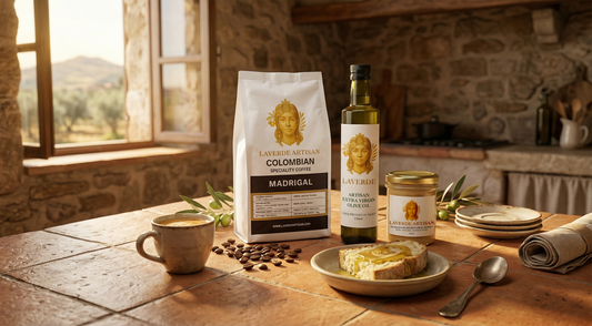 Premium specialty coffee alongside Sicilian extra virgin olive oil at a morning breakfast table — UK guide to the Mediterranean pairing changing breakfasts