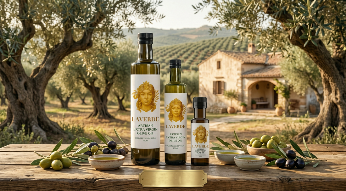 LAVERDE ARTISAN extra virgin olive oil bottle with central Sicilian landscape backdrop — UK guide to the provenance story that makes it different