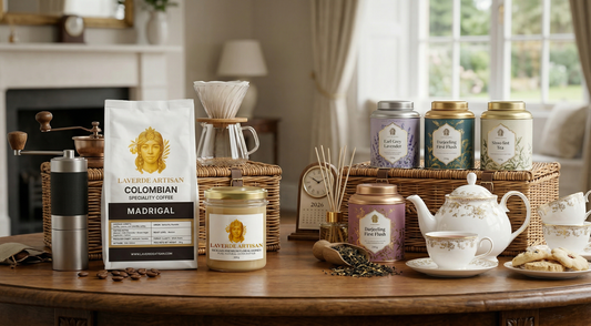 Premium specialty coffee hamper alongside a curated tea gift hamper — UK 2026 buyer's comparison of which makes the better gift for any occasion