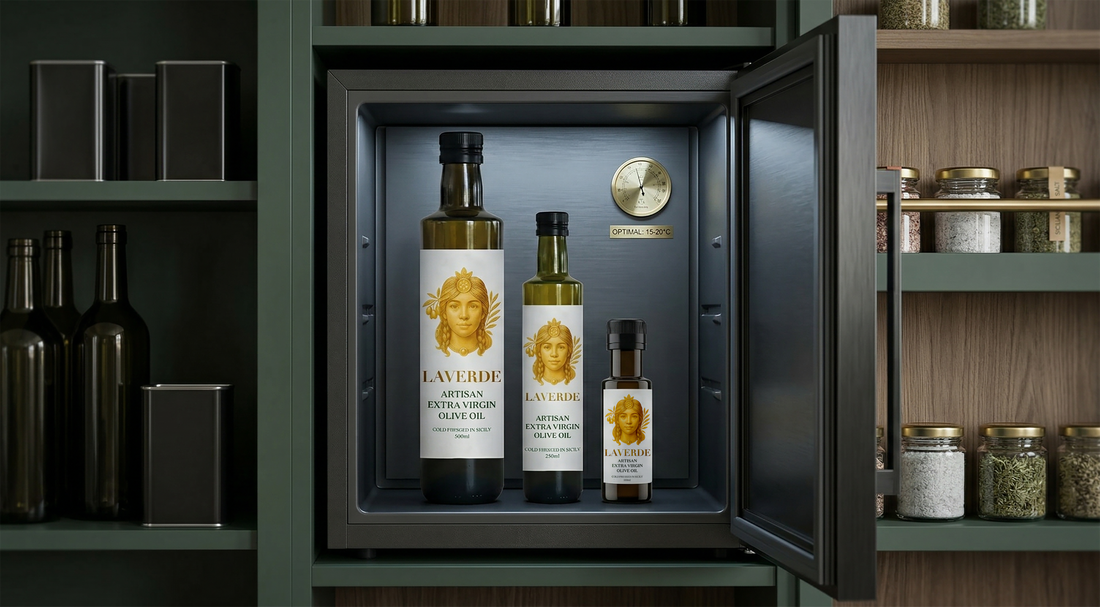 Dark glass extra virgin olive oil bottle stored away from light and heat in a cool pantry — UK expert guide to keeping premium EVOO fresh and aromatic for longer