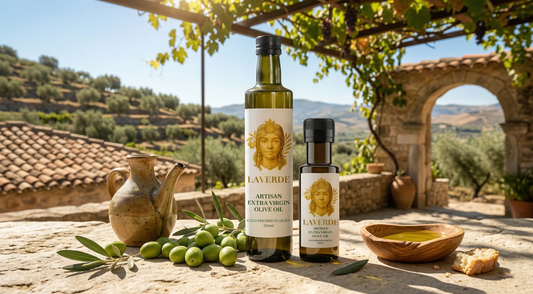 Extra virgin olive oil bottle showing signs of oxidation alongside fresh dark glass packaging — UK guide to why EVOO goes rancid and how to prevent oxidation