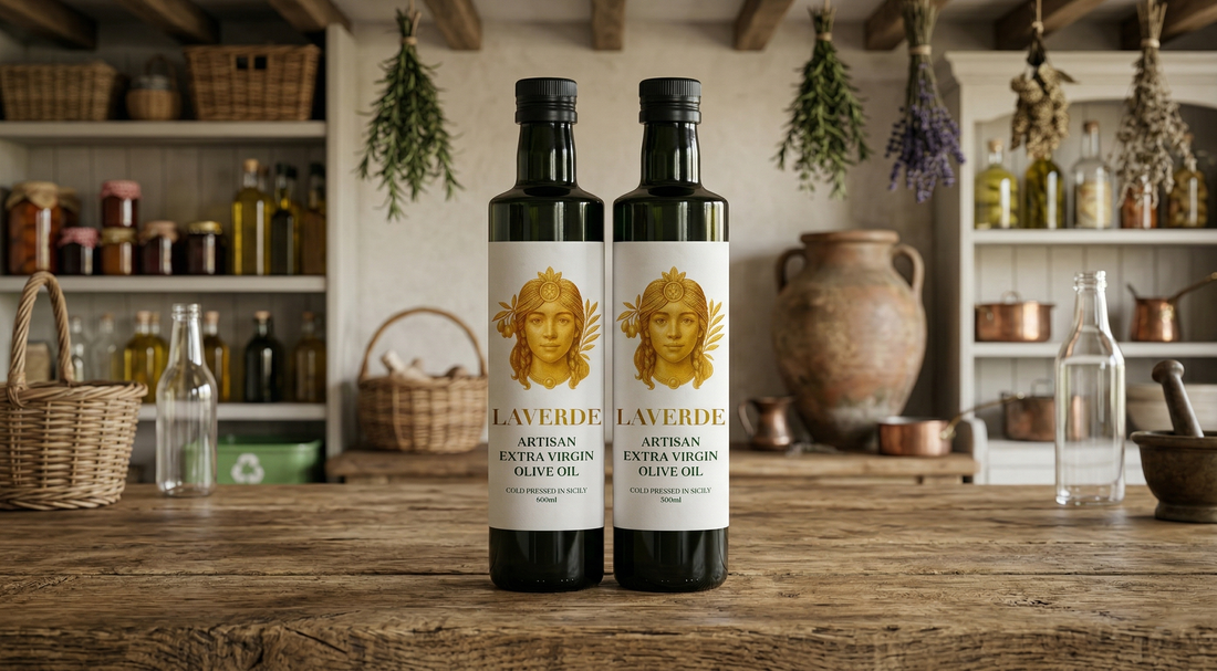 Dark glass and clear glass olive oil bottles compared side by side — UK guide on which packaging actually preserves extra virgin olive oil quality better