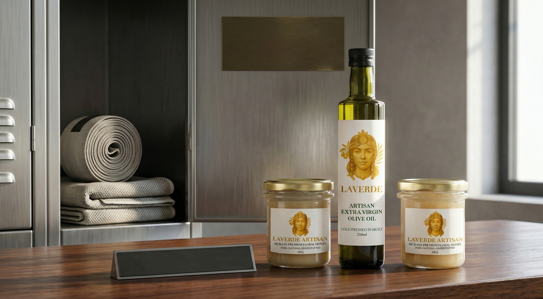 Athlete preparing a pre-workout snack with raw Sicilian honey on a kitchen counter — UK 2026 guide to why raw honey is the natural carbohydrate choice