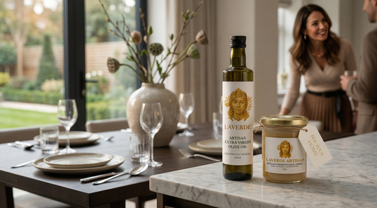 Premium gourmet food gift box alongside a bouquet of fresh flowers — UK 2026 comparison guide on which makes the better host gift for any occasion