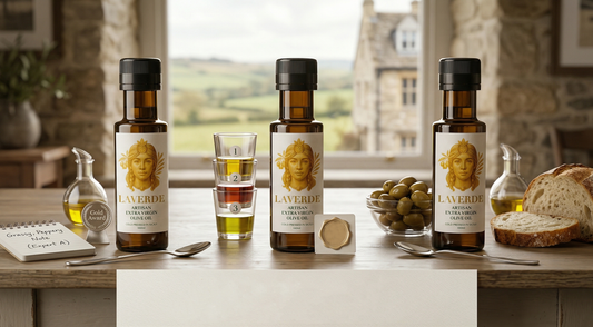 Top extra virgin olive oil bottles tested in a side-by-side blind tasting setup — UK 2026 guide to the top EVOO picks tested by UK food experts