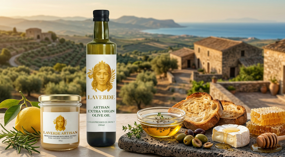 Premium Sicilian extra virgin olive oil drizzled over fresh ricotta with raw Sicilian honey on top — UK guide to the ultimate Sicilian combination for kitchens