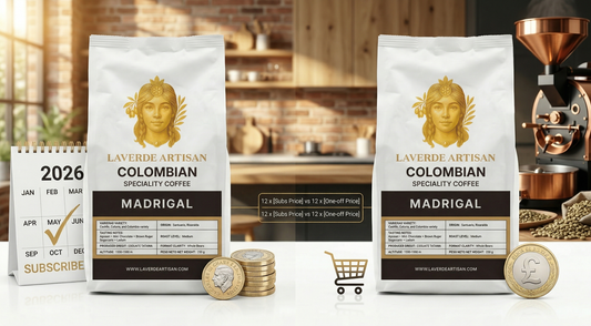 Specialty coffee subscription package alongside a one-off coffee purchase bag — UK 2026 cost comparison guide on which buying option saves more money