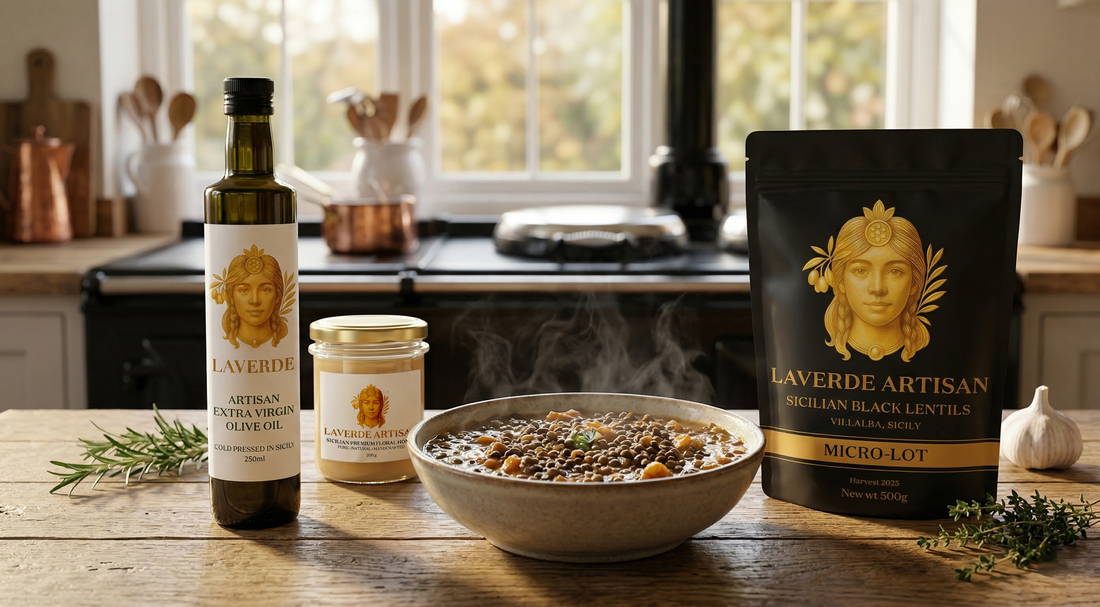 Hearty Sicilian black lentil stew served in a rustic bowl on a wooden table — UK recipe guide for the autumn lentil stew every kitchen needs to know