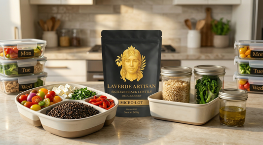 Meal prep containers filled with cooked black Villalba lentils and Mediterranean vegetables — UK guide to why lentils beat chicken or pasta for weekly meal prep