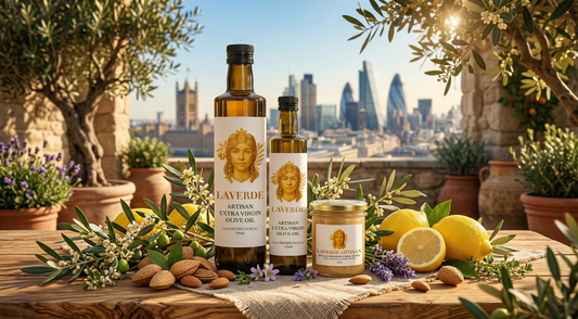 Multiple premium olive oil bottles arranged on a tasting table for blind evaluation — UK 2026 tested and ranked guide to which EVOO comes out on top