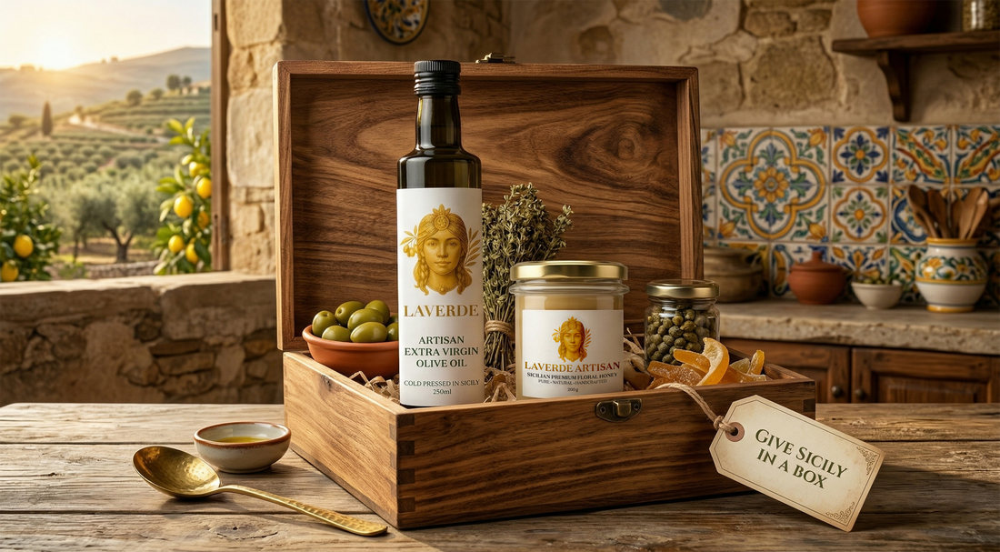 Premium Sicilian Pantry Box gift set with extra virgin olive oil, raw honey and heritage lentils — UK ultimate Italian food lover's gift set