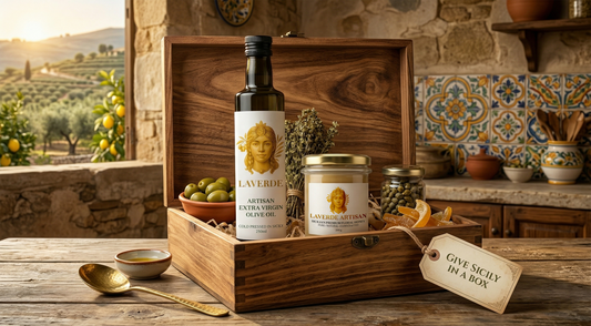Premium Sicilian Pantry Box gift set with extra virgin olive oil, raw honey and heritage lentils — UK ultimate Italian food lover's gift set