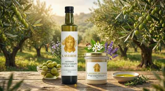 Premium extra virgin olive oil bottle alongside fresh Mediterranean vegetables — UK 2026 health-focused guide to why EVOO is non-negotiable in a wellness kitchen