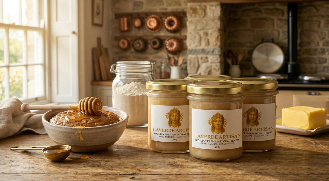Raw Sicilian honey poured into a baking bowl alongside refined sugar — UK comparison guide on which sweetener actually tastes better in baking applications