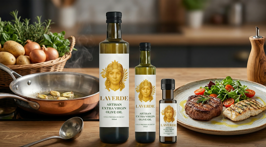 Two extra virgin olive oil bottles labelled for cooking and finishing applications — UK 2026 buyer's guide on whether you need two different EVOOs in your kitchen