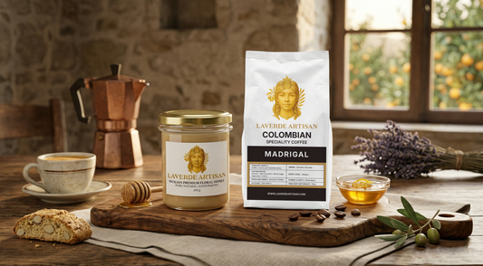 Raw Sicilian honey jar alongside specialty Colombian coffee in a morning breakfast arrangement — UK guide to the Sicilian morning combination taking the country by storm