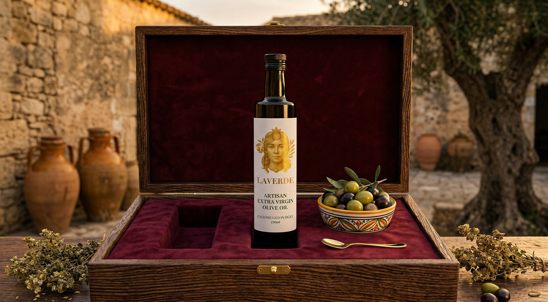 Luxury Sicilian olive oil gift set wrapped in premium presentation packaging — UK 2026 guide to the most luxurious food gift you can give this year