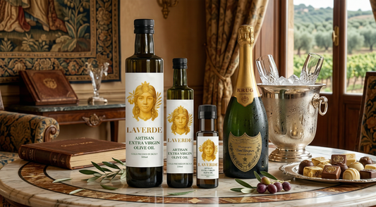 Premium artisan olive oil bottle alongside a champagne flute on a luxury gift table — UK 2026 comparison of which luxury food gift wins for special occasions