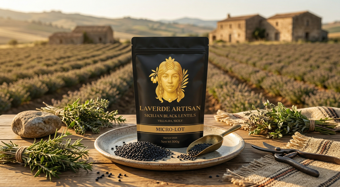 Heritage Sicilian black lentils from Villalba on a wooden surface with traditional farming background — UK guide to the story behind the world's most prized lentils