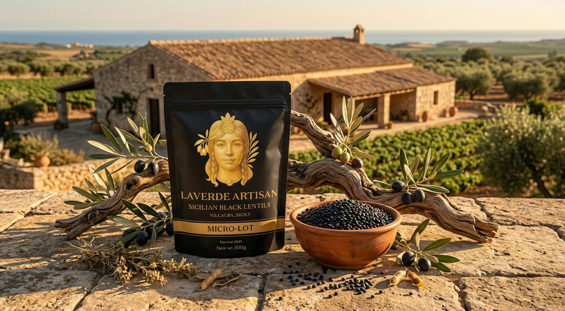 Supermarket black lentils package alongside direct-from-Sicily artisan Villalba lentils — UK comparison guide on what really separates the two sources