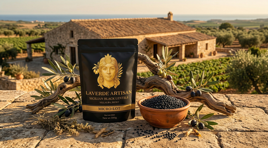 Supermarket black lentils package alongside direct-from-Sicily artisan Villalba lentils — UK comparison guide on what really separates the two sources