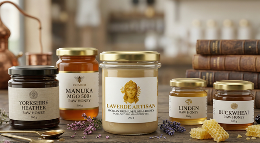 Multiple premium raw honey jars from different producers compared on a wooden surface — UK 2026 definitive ranking for quality-focused honey buyers