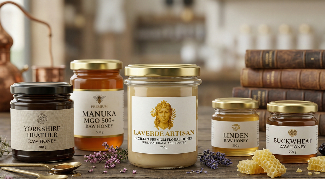 Multiple premium raw honey jars from different producers compared on a wooden surface — UK 2026 definitive ranking for quality-focused honey buyers