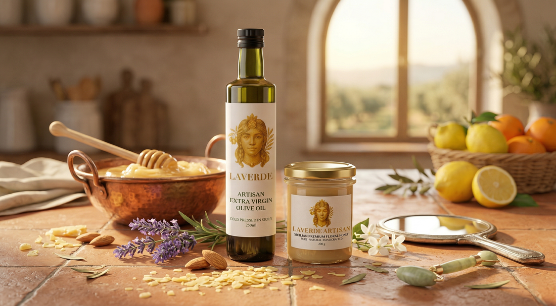 Raw Sicilian honey jar arranged as part of a natural skincare routine — UK guide to why premium raw honey is the artisan beauty secret for healthy skin