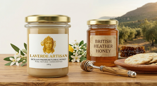 British local raw honey jar alongside Sicilian multifloral raw honey — UK 2026 buyer's comparison of which origin produces the better artisan honey