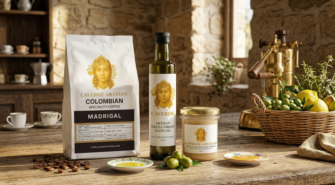 Artisan Colombian specialty coffee alongside Sicilian ingredients including raw honey and olive oil — UK guide to pairing premium coffee with Mediterranean food