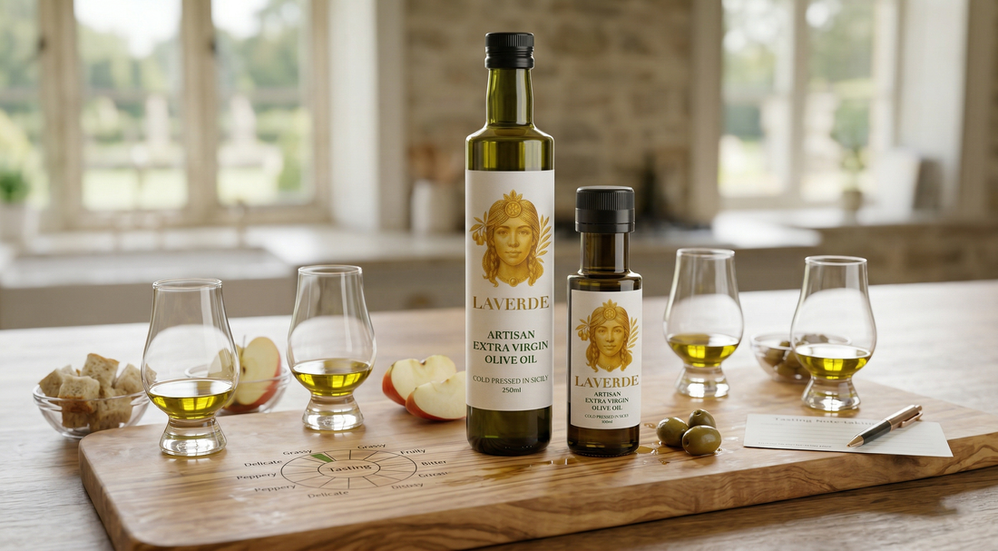 Tasting glass with green-gold extra virgin olive oil ready for sensory evaluation — UK 2026 beginner's guide to EVOO appreciation and professional tasting