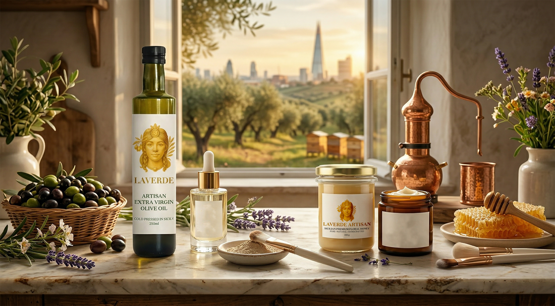 Sicilian olive oil and raw honey arranged with skincare ingredients — UK guide to the Mediterranean beauty secret taking London by storm