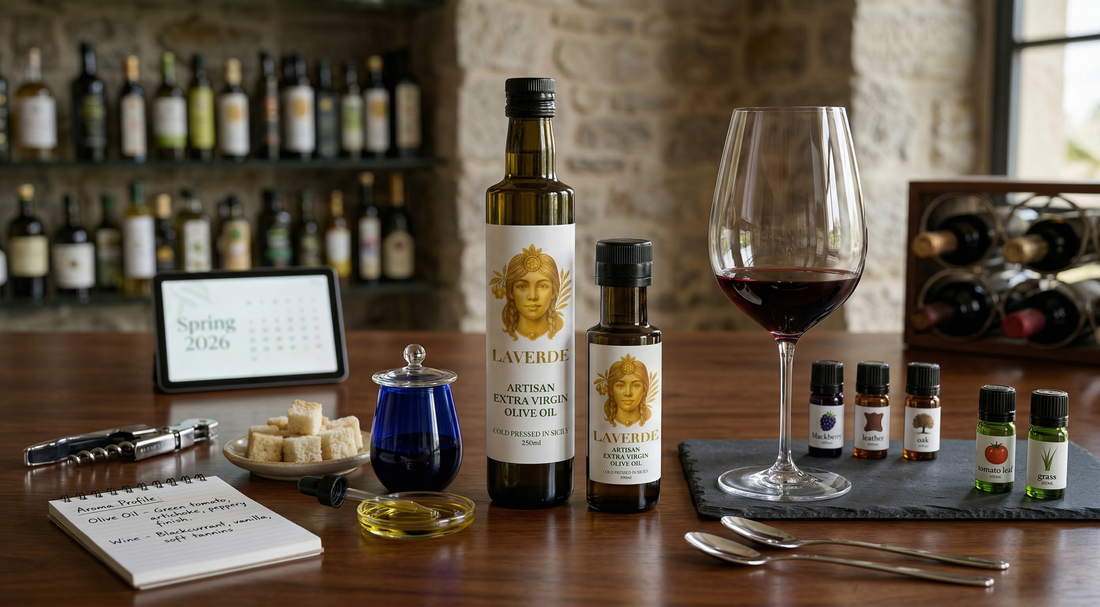 Professional sommelier tasting olive oil alongside wine — UK 2026 comparison of which Mediterranean tasting practice requires more expertise