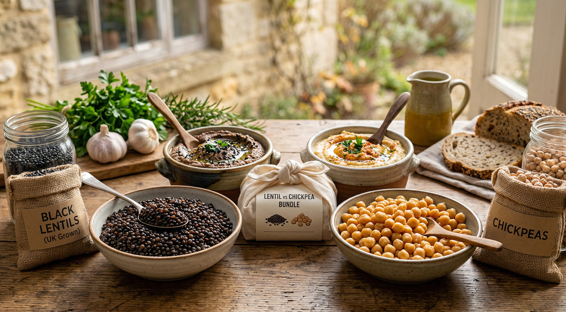 Black Sicilian lentils alongside chickpeas in two bowls — UK buyer's comparison of which legume is the better base for hummus, dips and Mediterranean spreads