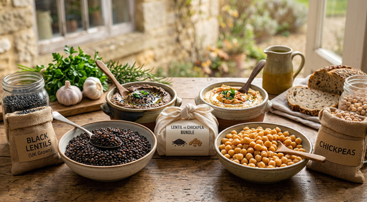 Black Sicilian lentils alongside chickpeas in two bowls — UK buyer's comparison of which legume is the better base for hummus, dips and Mediterranean spreads