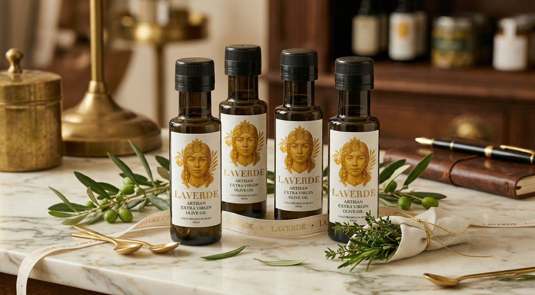 100ml mini Sicilian extra virgin olive oil bottles displayed as premium gifts — UK 2026 small format trend in luxury food gifting and tastings