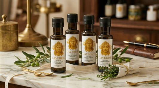 100ml mini Sicilian extra virgin olive oil bottles displayed as premium gifts — UK 2026 small format trend in luxury food gifting and tastings