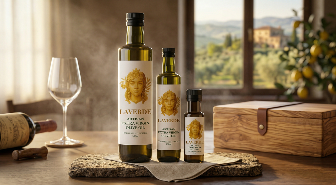 Sicilian olive oil gift set alongside a bottle of red wine — UK 2026 comparison of food and wine presents for hosts and gourmet foodies