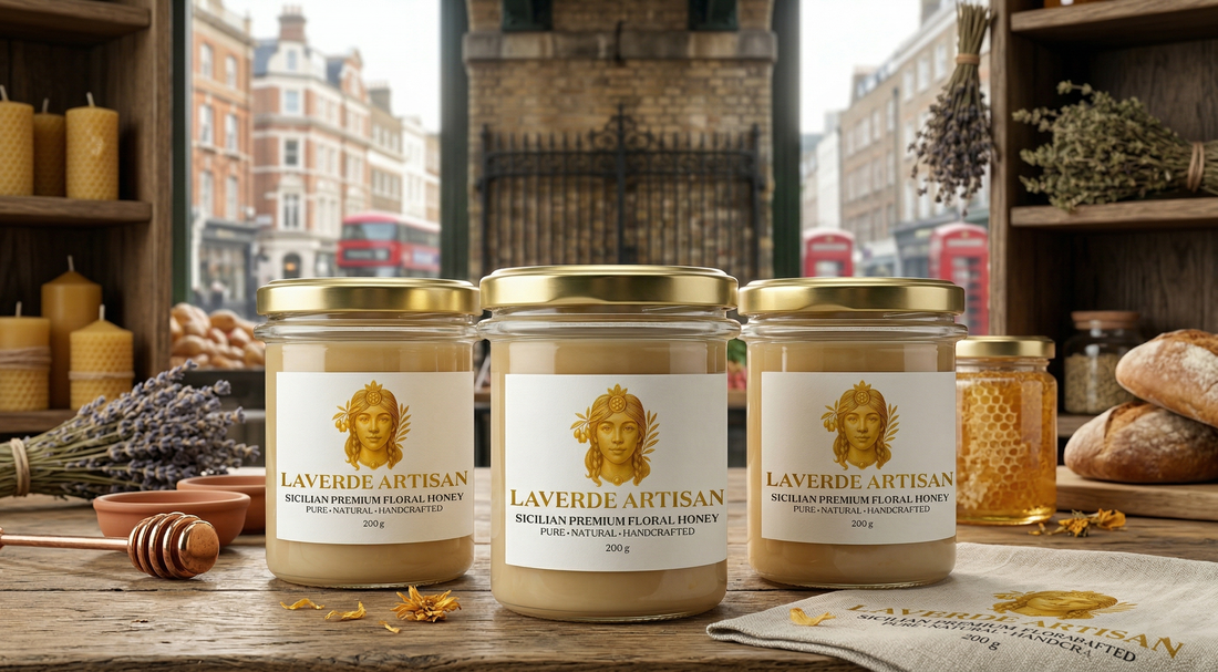 Artisan raw honey jar with London skyline backdrop — UK 2026 guide to where to buy authentic single-estate raw honey in London right now