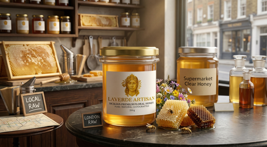 Premium artisan raw honey jar compared with supermarket honey on a London market table — 2026 honest buyer's guide for Londoners